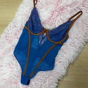 Auden Blue sheer lace with Brown trim Chemise teddy intimate Valentine’s Day